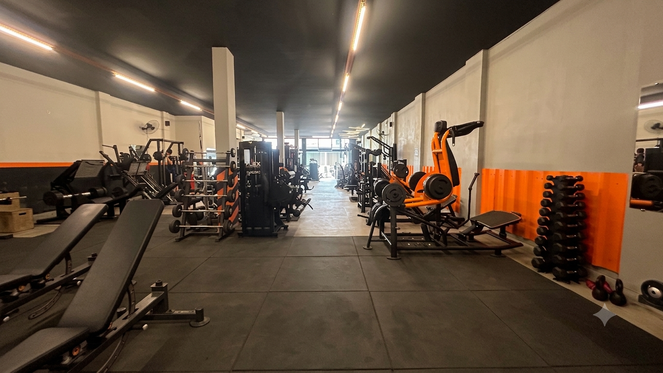 Salão de musculação da AcadMeta com diversos equipamentos